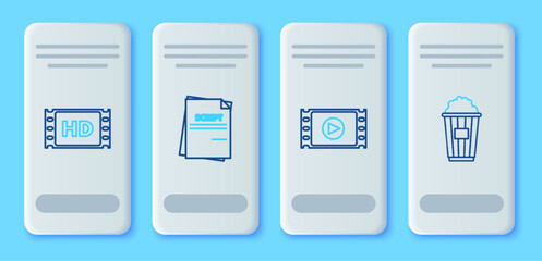 Set line Scenario, Play Video, 4k movie, tape, frame and Popcorn in cardboard box icon. Vector