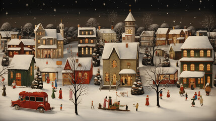 Beautiful Christmas Landscape With House, Street, People and Red Car