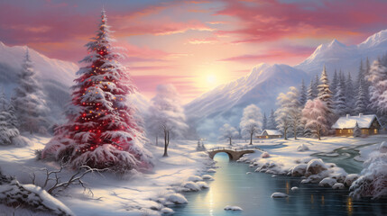 Beautiful Christmas Landscape with House, Mountains, Forest and River
