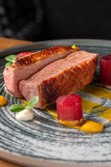 Grilled Duck With Puree of Sweet Potato in Restaurant for Dinner