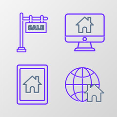 Set line Globe with house symbol, Tablet and smart home, Computer monitor and Hanging sign text Sale icon. Vector