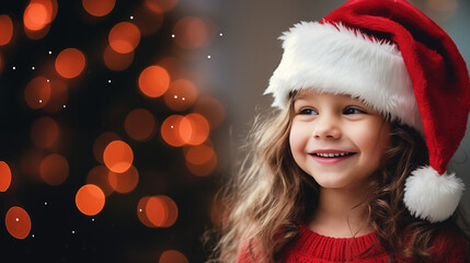 Dziewczynka w czapce Świętego Mikołaja na tle światełek świątecznych - obrazy, fototapety, plakaty