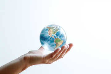 Human Hand Gently Holding a Transparent Globe Against a White Background