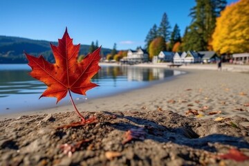 Qualicum Beach: Name of Canadian town in British Columbia province in front of a photo with Canadian maple leaf. Generative AI