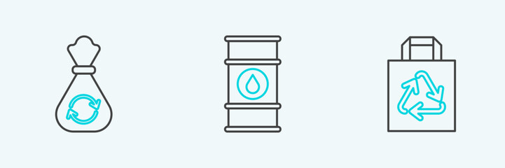 Set line Paper shopping bag with recycle, Garbage and Oil barrel line icon. Vector