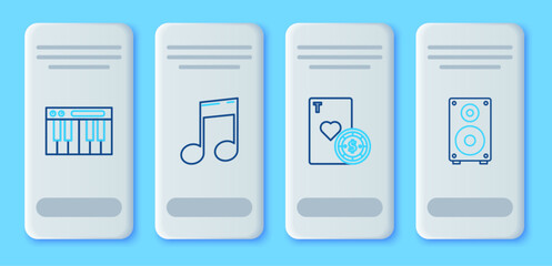 Set line Music note, tone, Casino chip and playing cards, synthesizer and Stereo speaker icon. Vector