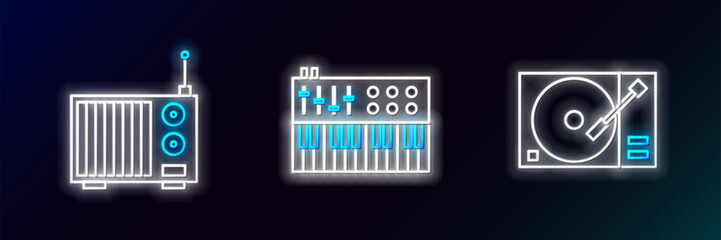 Set line Vinyl player with a vinyl disk, Radio antenna and Music synthesizer icon. Glowing neon. Vector