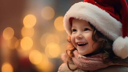 Dziewczynka w czapce Świętego Mikołaja na tle światełek z choinki - obrazy, fototapety, plakaty