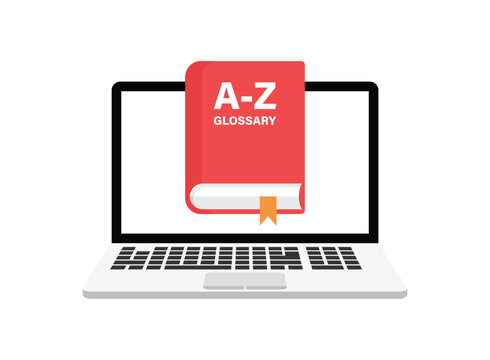 Glossary book with laptop icon in flat style. Guidebook encyclopedia vector illustration on isolated background. A-Z computer sign business concept.