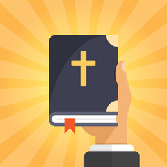 Obraz premium Holy bible in hand icon in flat style. Christianity book vector illustration on isolated background. Religion sign business concept.