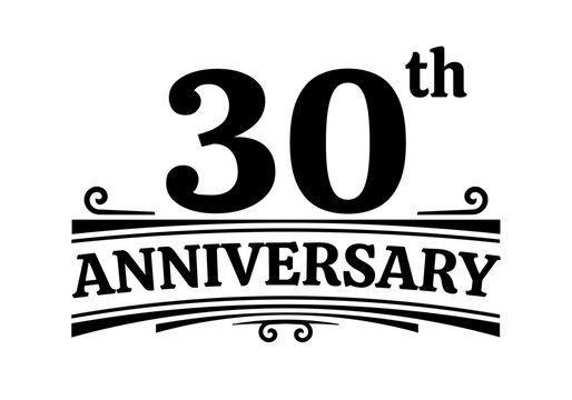 30 years anniversary logo, icon or badge. 30th birthday, jubilee celebration, wedding, invitation card design element. Vector illustration.
