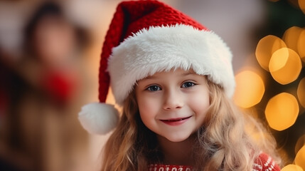 Dziewczynka w czapce Świętego Mikołaja na tle światełek choinkowych - obrazy, fototapety, plakaty