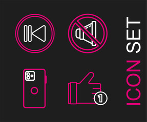 Set line Hand like, Smartphone, mobile phone, Speaker mute and Rewind icon. Vector