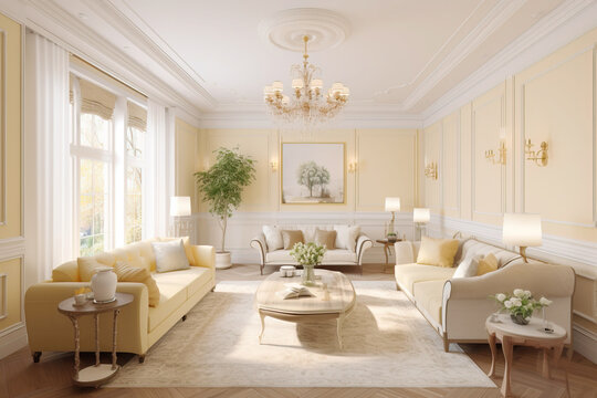 European interior design of a living room in an apartment house, warm colors, white yellow soft colors. AI Generative.