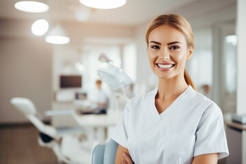 Cheerful Dental Assistant Welcoming Patients in Modern Clinic