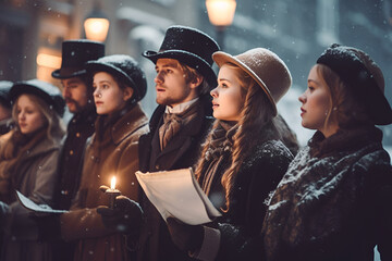 Carolers in festive attire sing classic Christmas carols on a snowy street