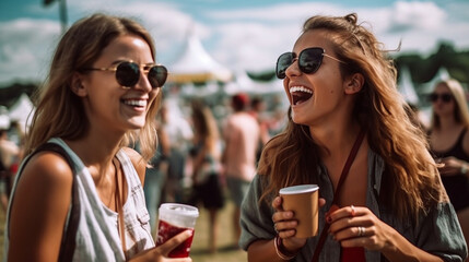 Obraz premium Joyful Friends Enjoying a Sunny Day at an Outdoor Event with Refreshing Drinks