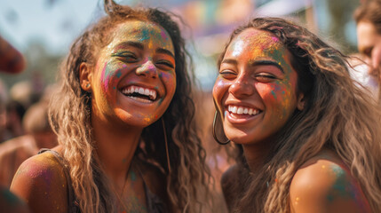 Fototapeta premium Joyous Friends Celebrating at a Colorful Holi Festival with Vibrant Painted Faces