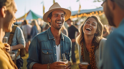 Group of Friends Sharing Laughs and Drinks at a Bustling Outdoor Festival