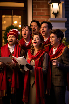 A group of carolers sing traditional Christmas carols on a snowy street