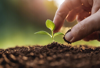 Gentle Care for Growing Plant: Human Hand Nurturing a Young Seedling in Fertile Soil Against a Warm Sunlit Background