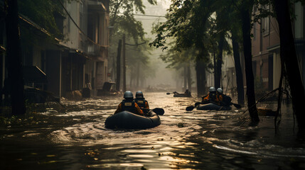 Storm Ciaran: people sitting in lifeboat on a flooded street after heavy storm.  - obrazy, fototapety, plakaty