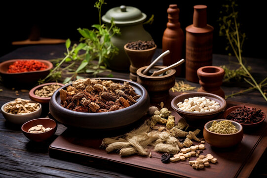 illustration with plants and roots of traditional Chinese medicine and cosmetics