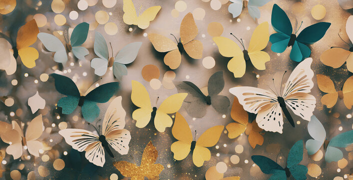 illustrazione con tema naturale, sfondo con farfalle ed elementi decorativi, realizato con ritagli di carta