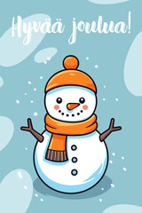 Colorful vector illustration of a smiling snowman against blue background. Traditional winter holiday greeting card from Finland
