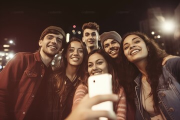 joyful and smiling friends taking a group selfie