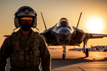 Back lit shot of a ground crew member on the tarmac out of focus with a F-35 lightning II fighter plane in focus in the background.