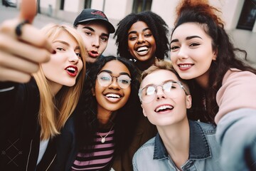 Fototapeta premium group of young friends capturing daytime outdoor selfie