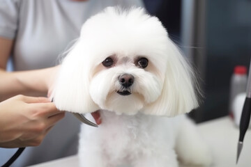 Caring for a haircut for a pet, grooming a white small dog at the barber, close-up. AI generated.