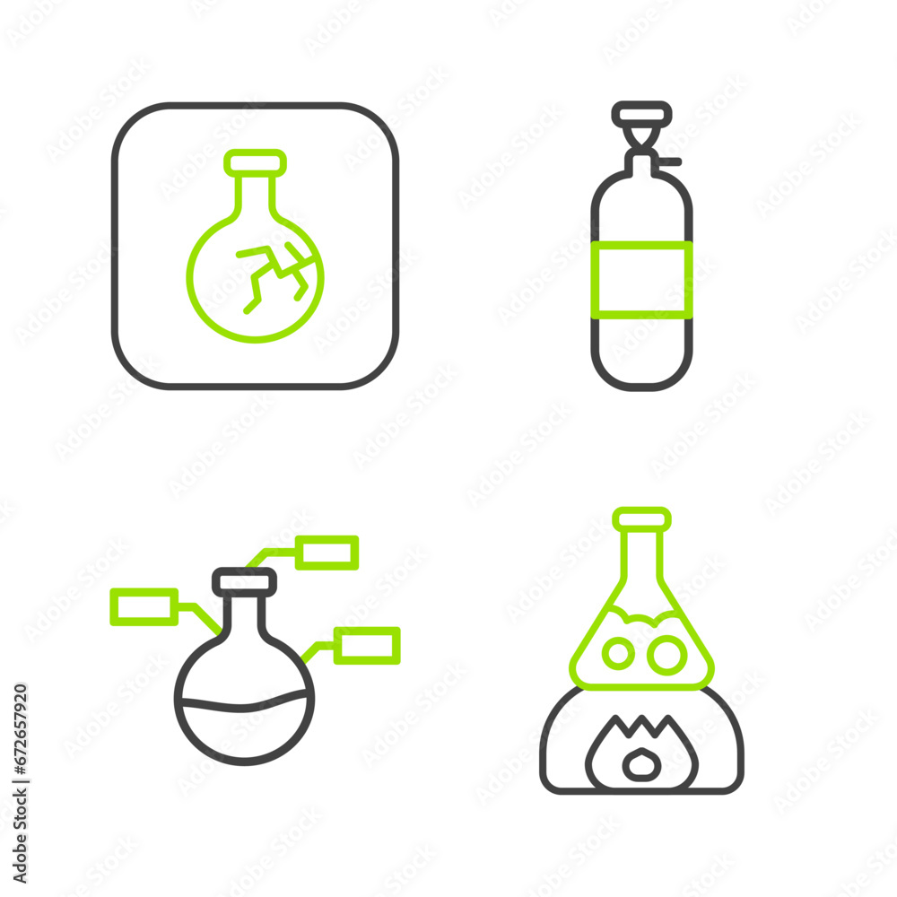 Canvas Prints set line test tube flask on fire, and, propane gas tank and cracked icon. vector