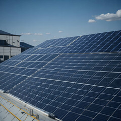 Architectural Detail of Metal Roofing on Commercial Construction Solar panels or Solar cells Over Factory, Blue Sky With Sun Rays, Generative AI