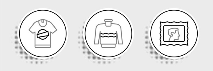Set line Postal stamp, T-shirt and Sweater icon. Vector