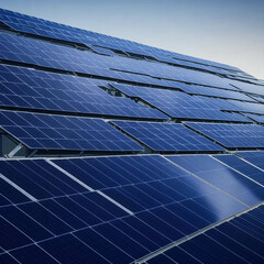 Architectural Detail of Metal Roofing on Commercial Construction Solar panels or Solar cells Over Factory, Blue Sky With Sun Rays, Generative AI