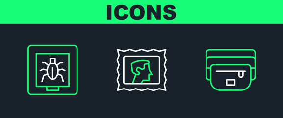 Set line Waist bag of banana, Insects in frame and Postal stamp icon. Vector