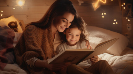 Loving mother read children book her daughter. Mom tell fairy tale story to child. Mum hug little kid. Happy childhood concept. Nice mommy and girl at cozy bedroom. Parents love. Motherhood activity. - obrazy, fototapety, plakaty