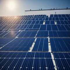 Architectural Detail of Metal Roofing on Commercial Construction Solar panels or Solar cells Over Factory, Blue Sky With Sun Rays, Generative AI