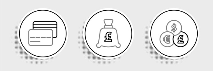 Set line Currency exchange, Credit card and Coin money with pound icon. Vector