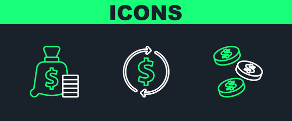Set line Coin money with dollar, Money bag and Financial growth and icon. Vector