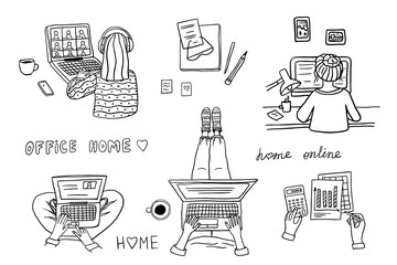 Home office, freelance work, teaching or studying at home. Freelancers working online on laptops, tablets in a cozy atmosphere with books. Self-employed woman work in comfortable conditions.