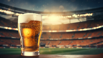 Glass of beer on football stadium background. Made with generative ai - obrazy, fototapety, plakaty