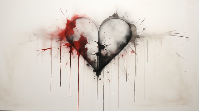 Black heart bleeding feelings of red, watercolor art.