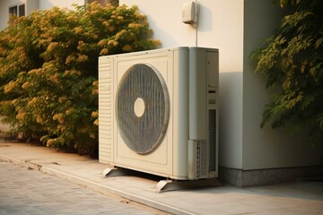 An isolated outdoor air conditioning unit. Generative AI