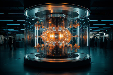 Quantum computer in scientific research laboratory, scientific developments, quantum technology and cooling mechanisms, futuristic design, concept