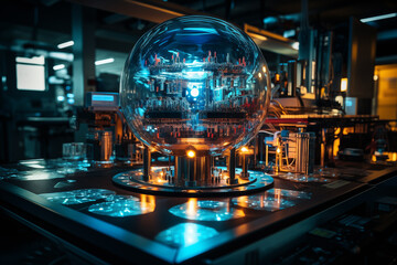 Quantum computer in scientific research laboratory, scientific developments, quantum technology and cooling mechanisms, futuristic design, concept