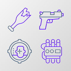 Set line Dynamite and timer clock, Headshot, Pistol or gun and Broken bottle as weapon icon. Vector