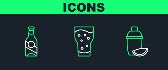 Set line Cocktail shaker with lime, Beer bottle and Glass of beer icon. Vector